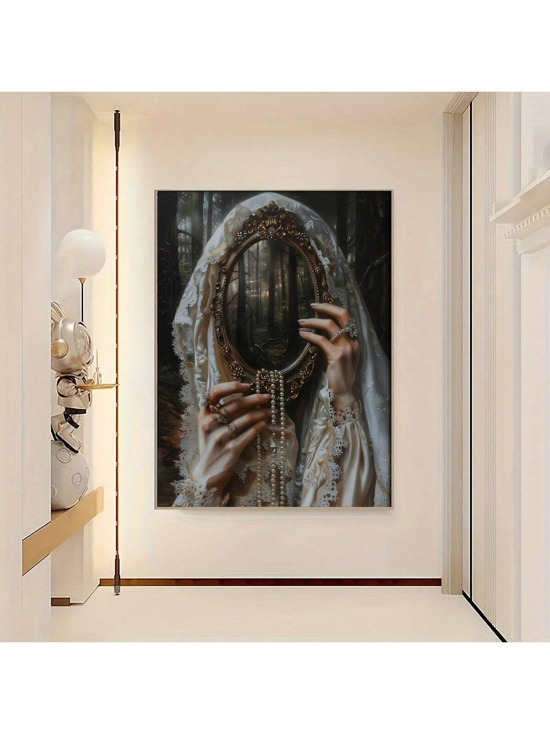 Experience the elegance of Victorian style with our Mirrored Reverie Canvas Art. This unframed canvas adds a modern touch to any home or office space. The reflective surface enhances the intricate details, creating a stunning visual effect. Elevate your decor with this unique, timeless piece.