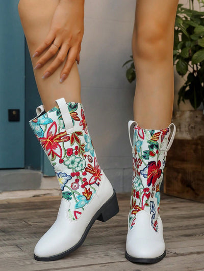 Stylish Flower-Embroidered Cowboy Ankle Boots with Chunky Heel