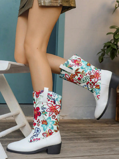 Stylish Flower-Embroidered Cowboy Ankle Boots with Chunky Heel