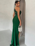 one-shoulder formal evening gown with asymmetric sequin bodice, smooth floor-length skirt, fitted mermaid column silhouette, ruched waist and hip, wrap front overlay and high thigh slit in multiple colors image 12