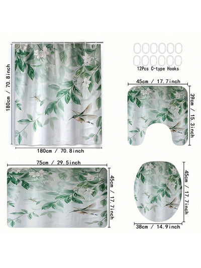 Vibrant Green Leaf & Hummingbird 4-Piece 3D Waterproof Shower Curtain Set