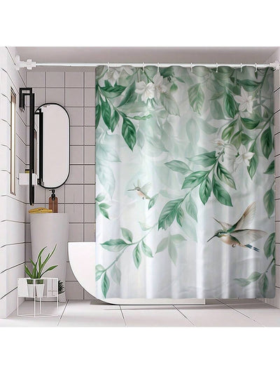 Vibrant Green Leaf & Hummingbird 4-Piece 3D Waterproof Shower Curtain Set