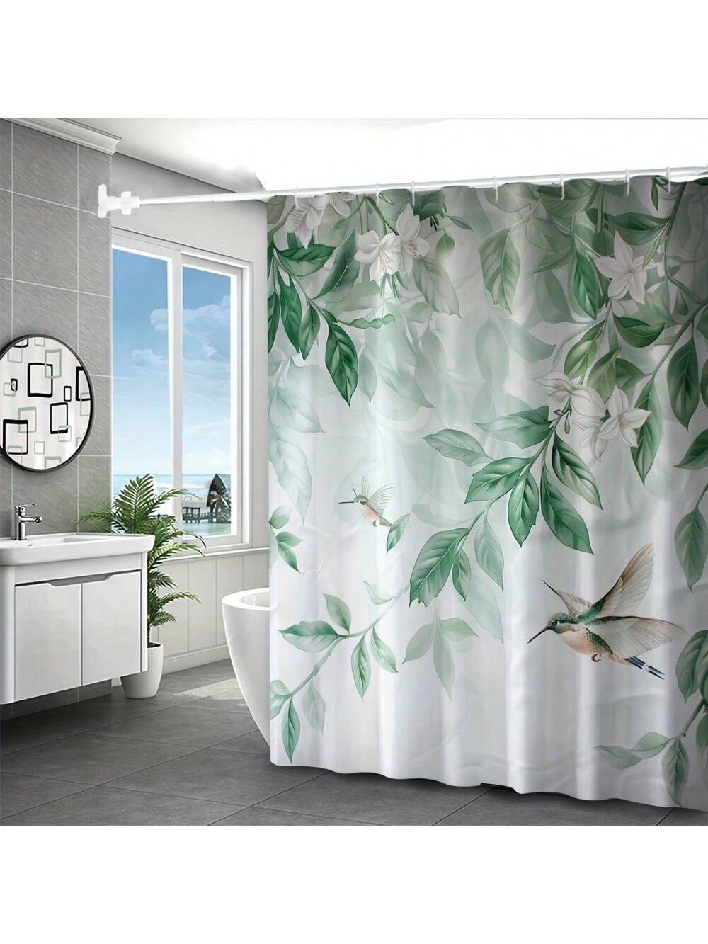 Elevate your bathroom with the Vibrant Green Leaf & Hummingbird shower curtain set. Featuring a 3D design and waterproof material, this 4-piece set adds a touch of nature to your bath while protecting your floors from water damage. Enjoy the benefits of a serene and stylish shower experience.