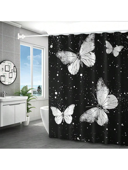 Whimsical White Butterfly 4-Piece Shower Curtain Set - Transform Your Bathroom with 3D Digital Printing