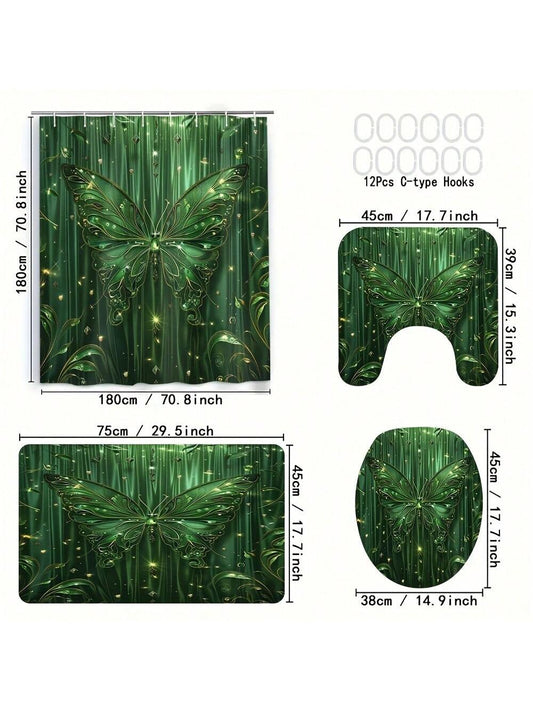 Enchanting Green Butterfly 4-Piece Waterproof Shower Curtain Set – Transform Your Bathroom with Stunning 3D Digital Print