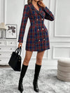 Chic & Elegant Plaid Print Double-Breasted Dress with Notched Collar for Spring and Fall