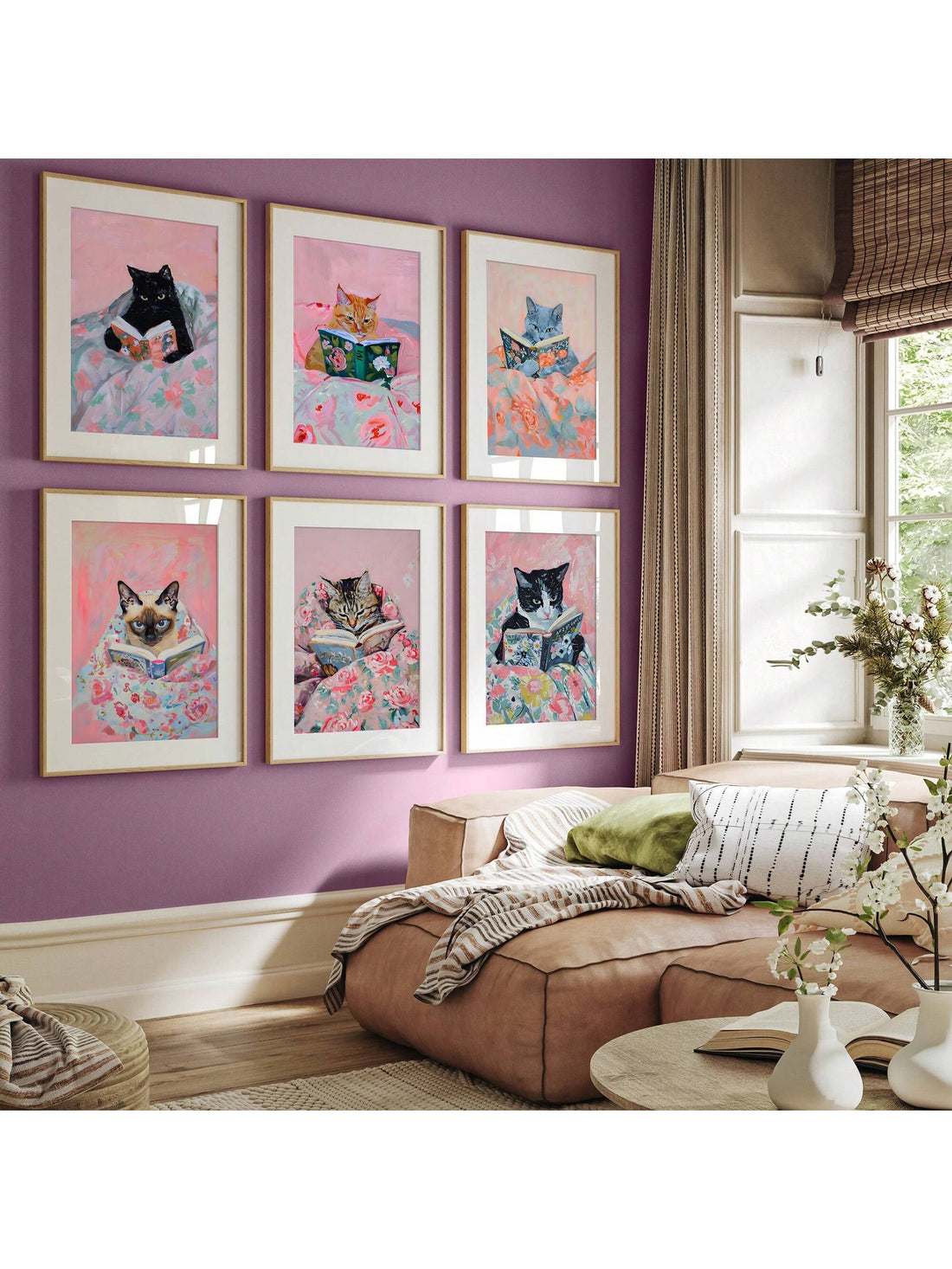 Enhance your reading nook with Purrfect Pages - a set of 6 cat-themed prints designed for book lovers. Featuring playful feline illustrations and quotes, these prints will add charm and character to any bookshelf. Made with high-quality materials, they make a purrfect gift for cat and book enthusiasts alike.
