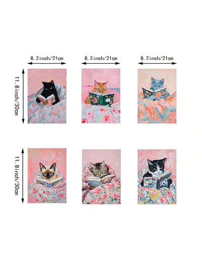 Purrfect Pages: Set of 6 Cat-Themed Reading Prints for Book Lovers