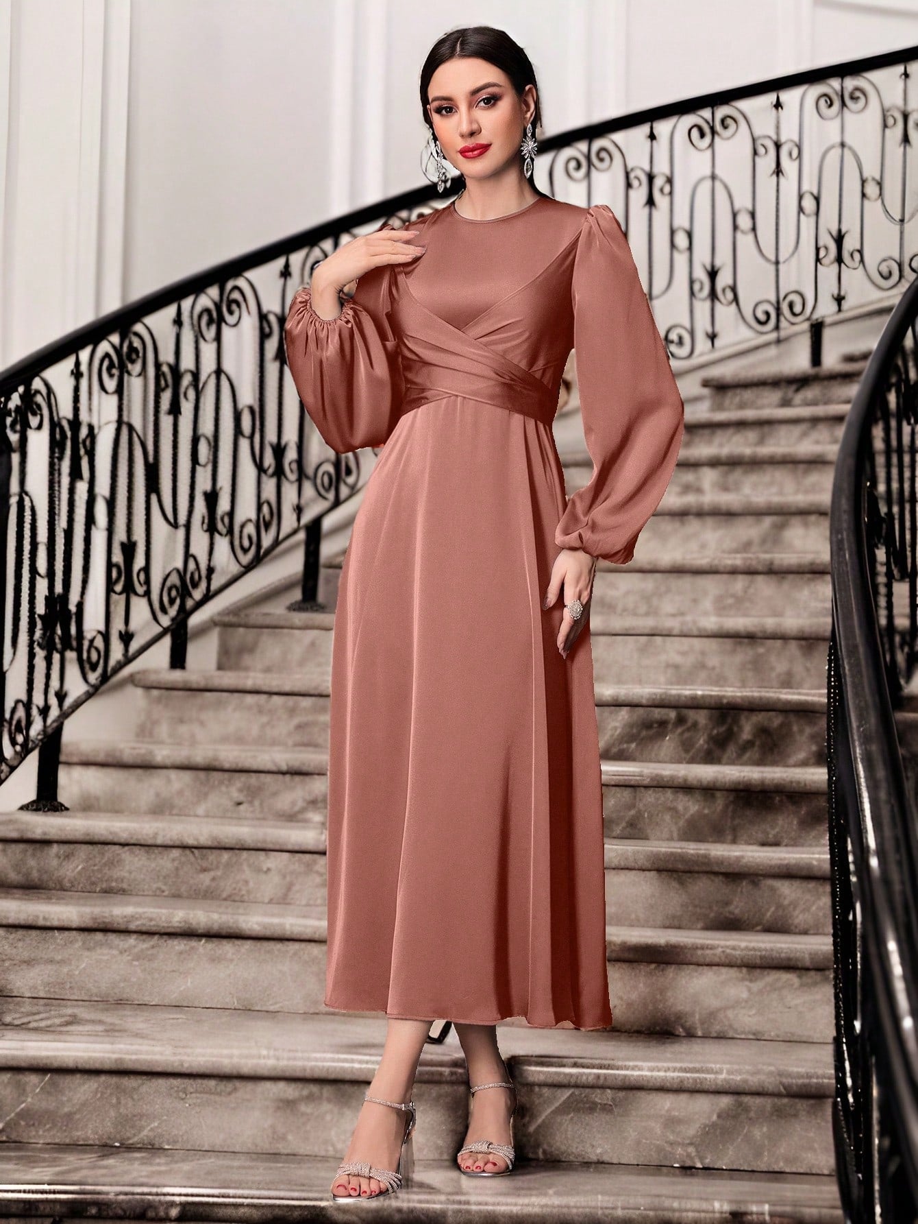 lantern sleeve dress Elegant Solid Color Lantern Sleeve Maxi Dress