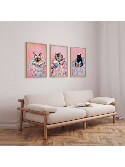 Whimsical Cat Trio: Canvas Art Set for Book Lovers – Perfect for Study Room Decor