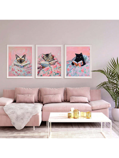 Whimsical Cat Trio: Canvas Art Set for Book Lovers – Perfect for Study Room Decor