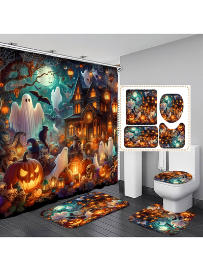 Spooky Halloween Bathroom Set: Pumpkin Ghost Shower Curtain and Magic Hat Decor