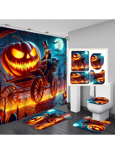 Spooky Halloween Bathroom Set: Pumpkin Ghost Shower Curtain and Magic Hat Decor