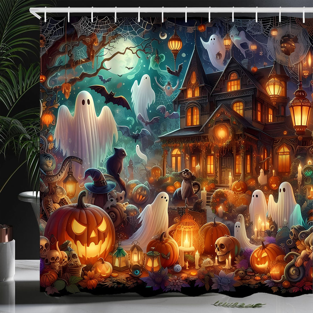 Transform your bathroom into a haunted haven with our Spooky Halloween Bathroom Set. Featuring a Pumpkin Ghost Shower Curtain and Magic Hat Decor, this set adds a touch of frightful fun to your daily routine. Made with quality materials, this set is sure to impress your guests during the witching season.