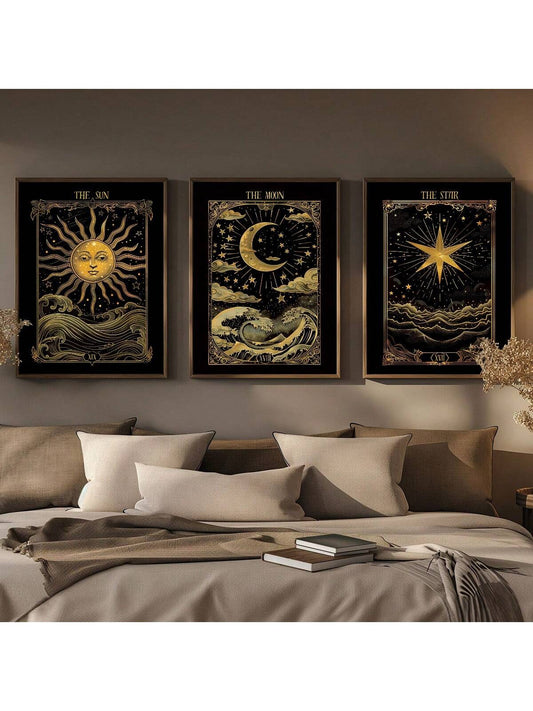 Celestial Harmony: 3-Piece Mystic Sun, Moon & Star Wall Art Set