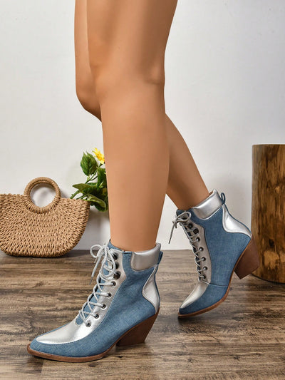 Chic Winter Cross-Strap High Heel Ankle Boots: Colorblock Chunky Heel Dress Boots