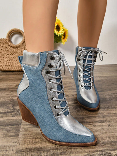 Chic Winter Cross-Strap High Heel Ankle Boots: Colorblock Chunky Heel Dress Boots