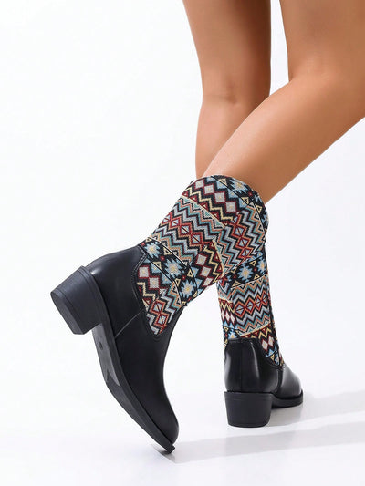 Vintage Vibe: Embroidered Chunky Heel Mid-Calf Riding Boots