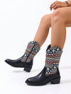 Vintage Vibe: Embroidered Chunky Heel Mid-Calf Riding Boots