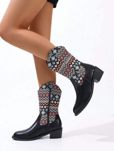 Vintage Vibe: Embroidered Chunky Heel Mid-Calf Riding Boots