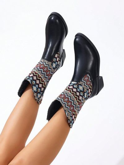 Vintage Vibe: Embroidered Chunky Heel Mid-Calf Riding Boots