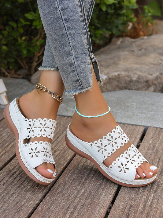 Chic Vintage Plus Size Hollow Flower Slip-On Sandals for Effortless Elegance