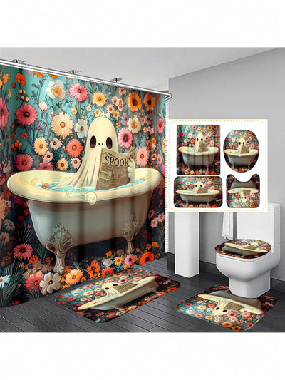 Spooky Ghost Bathroom Shower Curtain Set: Complete Halloween Day of the Dead Decor Package