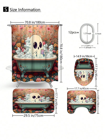 Spooky Ghost Bathroom Shower Curtain Set: Complete Halloween Day of the Dead Decor Package