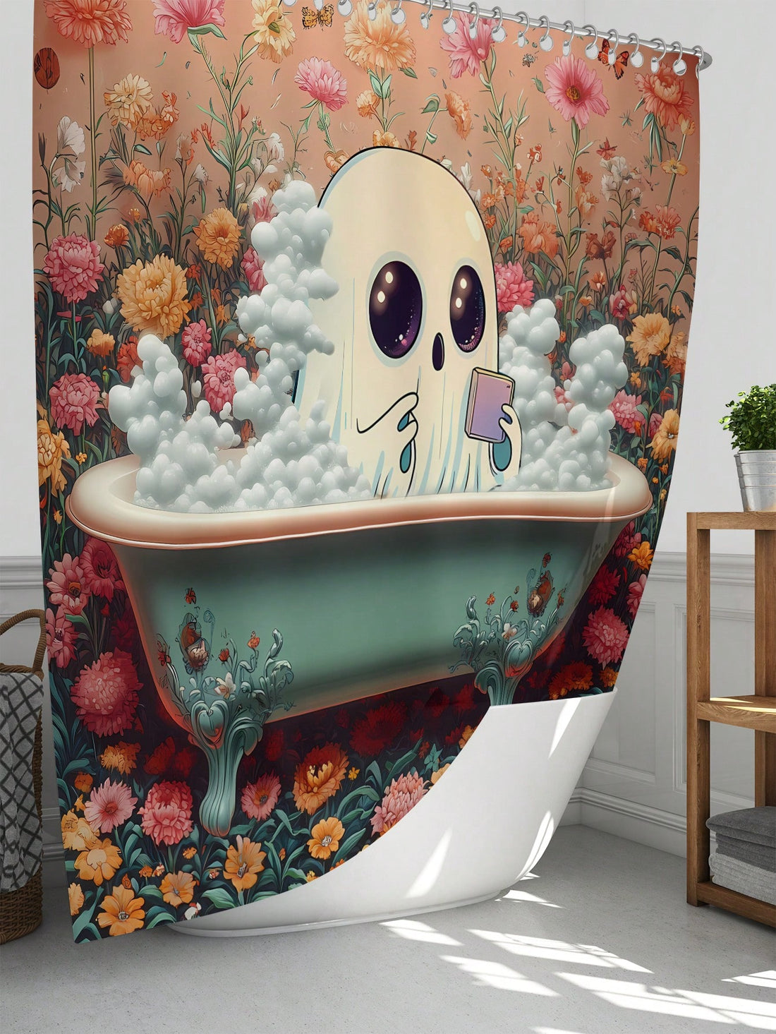 Transform your bathroom into a spooky yet stylish space with our Ghost Bathroom Shower Curtain Set. This complete Halloween Day of the Dead Decor Package includes everything you need to create a unique and festive atmosphere. Made of high-quality materials, this set is both durable and decorative.