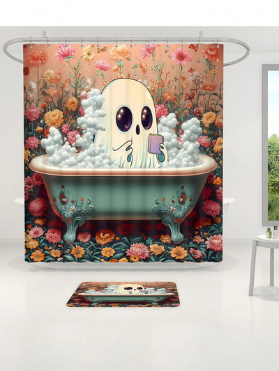 Spooky Ghost Bathroom Shower Curtain Set: Complete Halloween Day of the Dead Decor Package