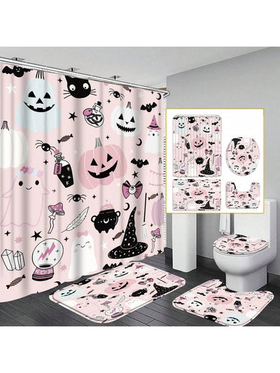 Halloween Ghost Shower Curtain Set with Pumpkin Coffee Cup Cookies - Fall Season Bathroom Decor