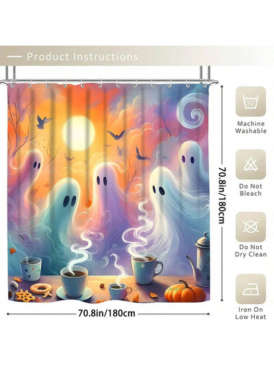 Halloween Ghost Shower Curtain Set with Pumpkin Coffee Cup Cookies - Fall Season Bathroom Decor