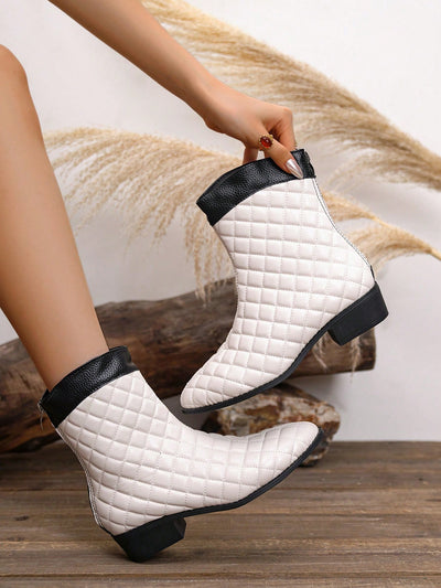 Diamond Dream: Women's White Pointed Toe Wedge Heel Mid-Calf Boots