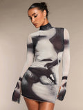 Black and white abstract face print sheer mesh high neck mini dress close front view