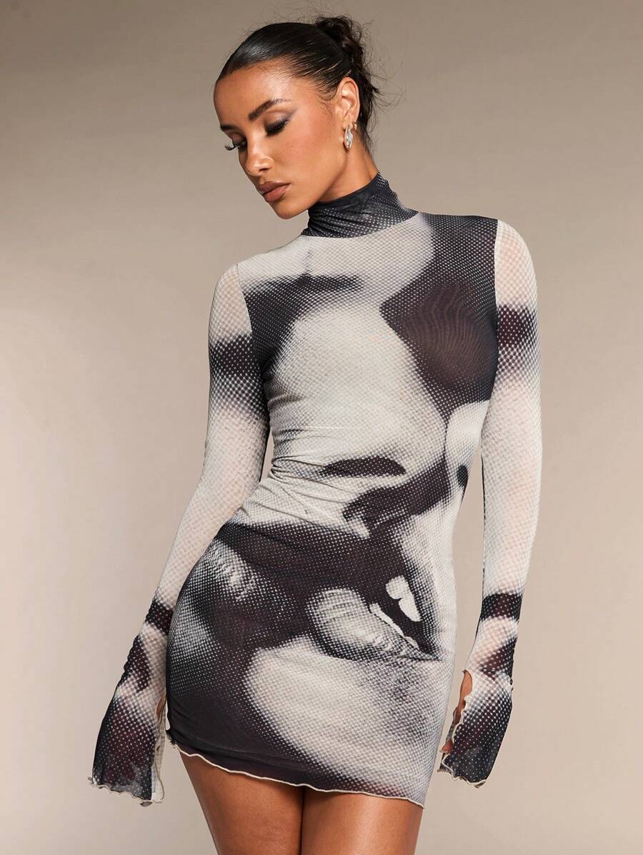Black and white abstract face print sheer mesh high neck mini dress close front view