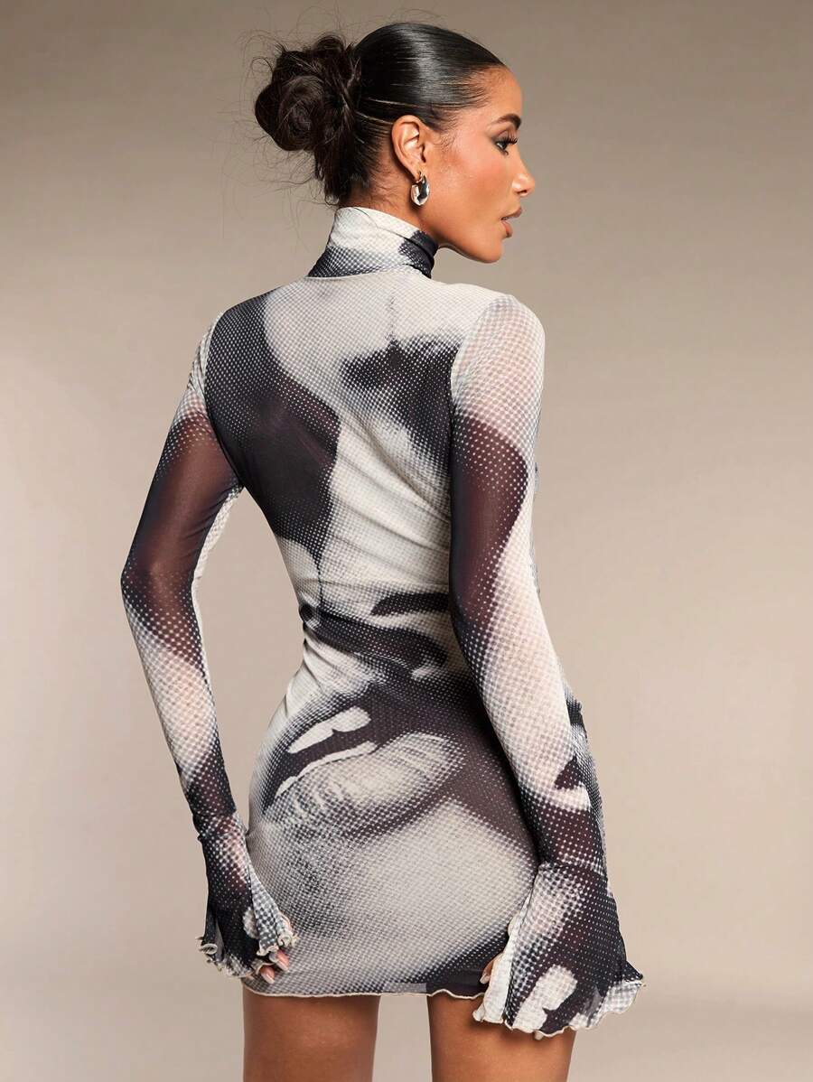 Black and white abstract face print sheer mesh high neck mini dress back view