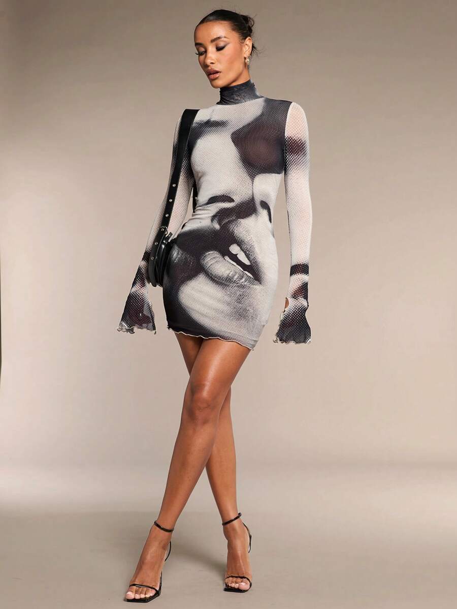 Black and white abstract face print sheer mesh high neck mini dress front view