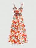 Back view of floral backless top with smocked band and maxi skirt