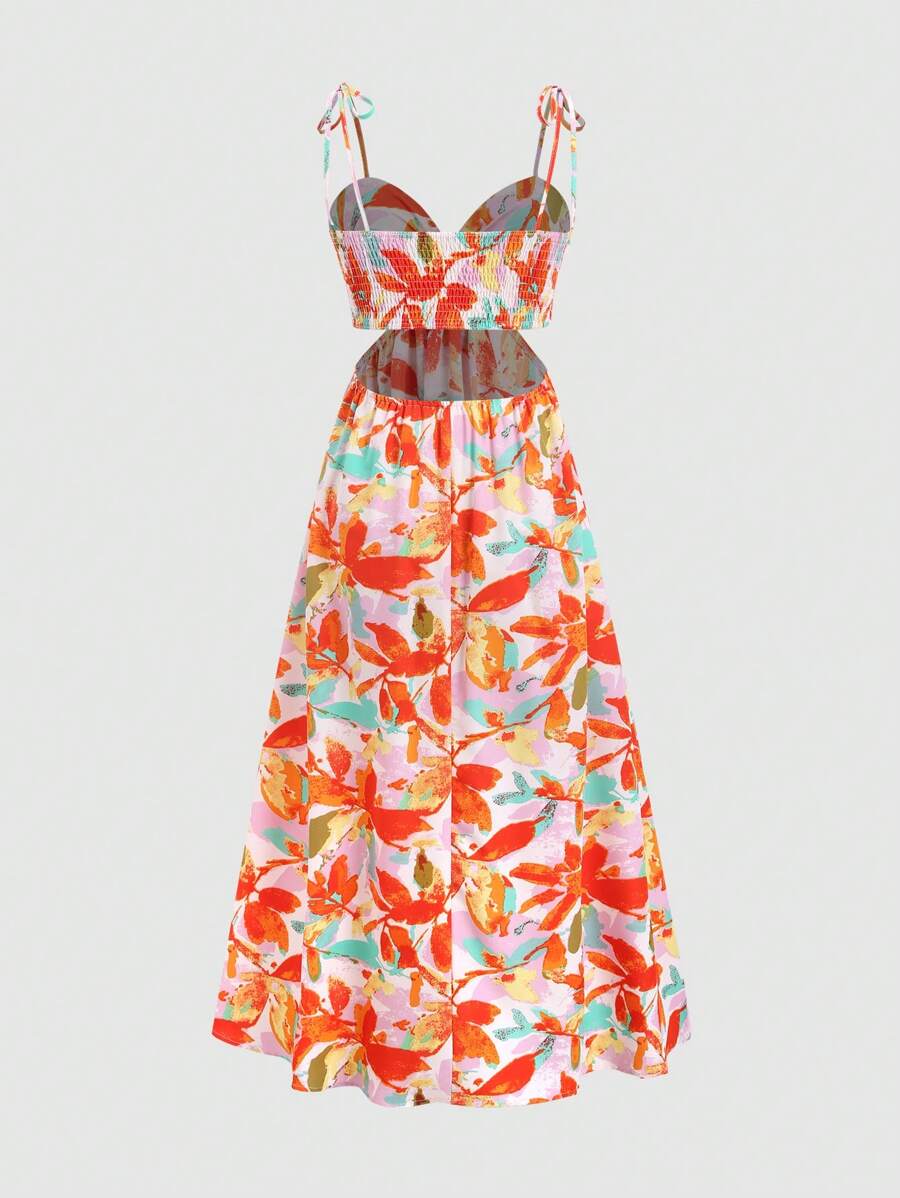 Back view of floral backless top with smocked band and maxi skirt