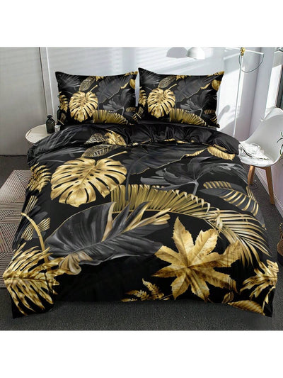 Exotic Elegance: 3D Green and Golden Palm Leaf Duvet Cover Set for Serene Bedroom Decor