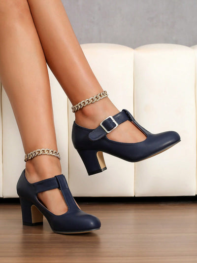 Chic Navy Blue High Heel Mary Jane T-Strap Dress Shoes for Autumn-Winter Elegance