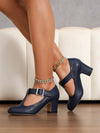 Chic Navy Blue High Heel Mary Jane T-Strap Dress Shoes for Autumn-Winter Elegance