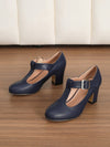 Chic Navy Blue High Heel Mary Jane T-Strap Dress Shoes for Autumn-Winter Elegance