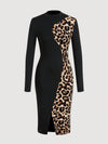 Chic Contrast Color Panel Long Sleeve Mid-Length Dress for Women