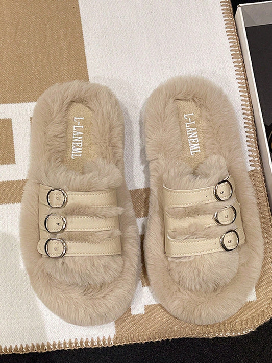 Cozy Chic: Khaki Faux Fur Slip-On House Slippers with Buckle Detail