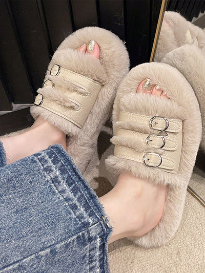 Cozy Chic: Khaki Faux Fur Slip-On House Slippers with Buckle Detail