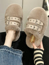 Cozy Chic: Khaki Faux Fur Slip-On House Slippers with Buckle Detail