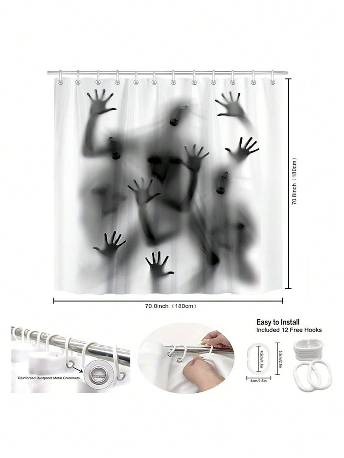Upgrade your bathroom with the Halloween Haunt Waterproof Shower Curtain Set. This spooky decor features a waterproof design and comes with 12 shower hooks for easy installation. Transform your space into a hauntingly stylish escape.