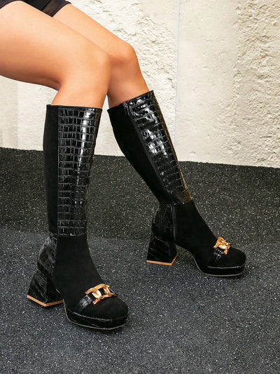 Chic & Stylish Square Toe Block Heel Mid-Calf Boots with Metal Buckle – Ideal for Fall & Winter!