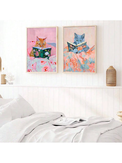 Whimsical Wisdom: 3-Piece Cute Cat Reading Art Poster Set for Trendy Home Decor